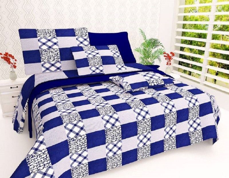 BALKO FAB 180 TC Microfiber Queen Checkered Flat Bedsheet  (Pack of 1, Blue)