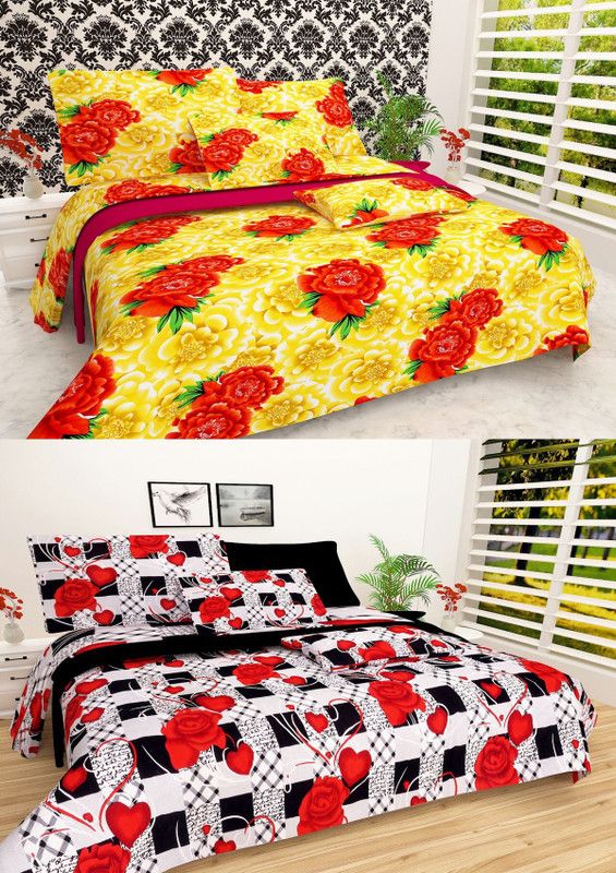 VHD 144 TC Polycotton Double Printed Flat Bedsheet  (Pack of 2, Multicolor)