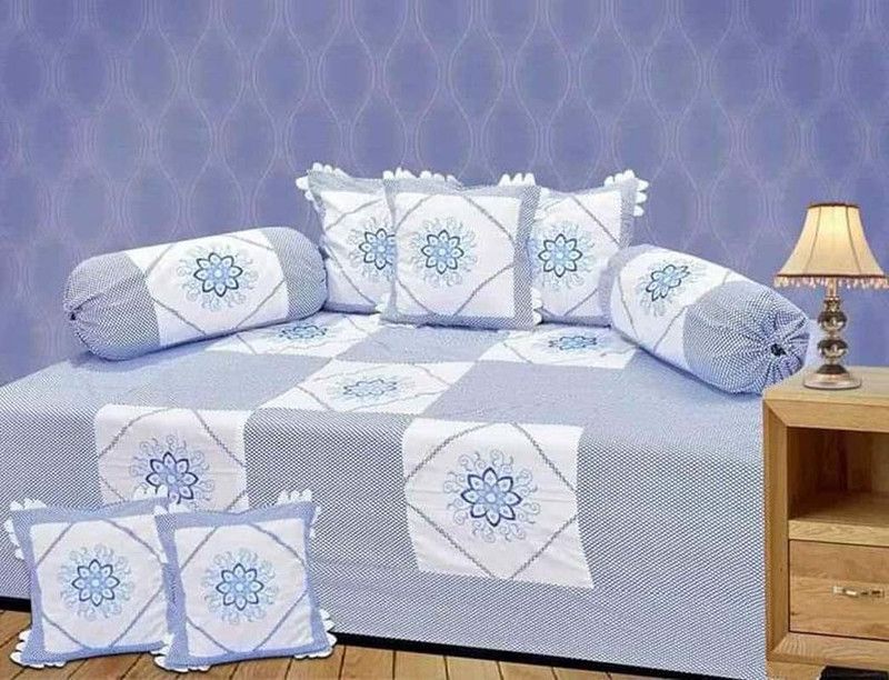 Kapoor Handloom Cotton Floral Diwan Set  (Light Blue)
