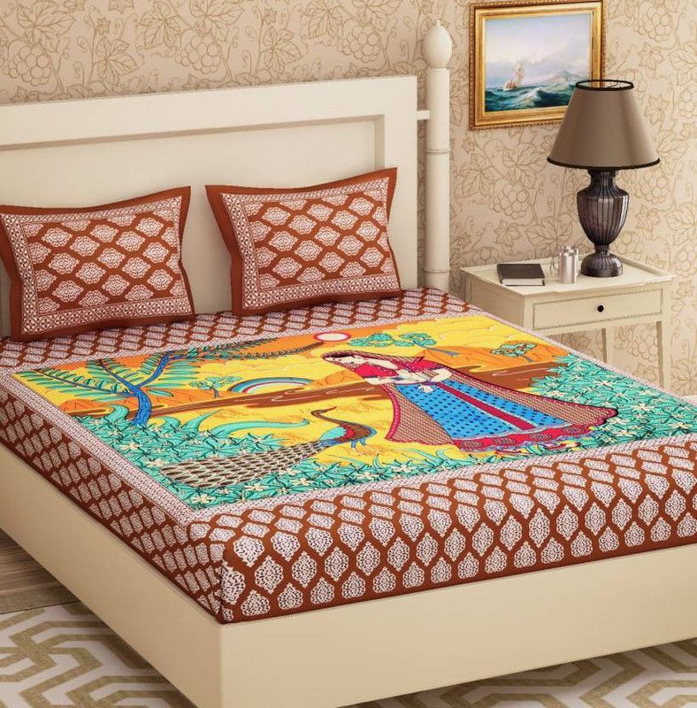 120 TC Cotton Double Printed Bedsheet  (Pack of 1, Brown)