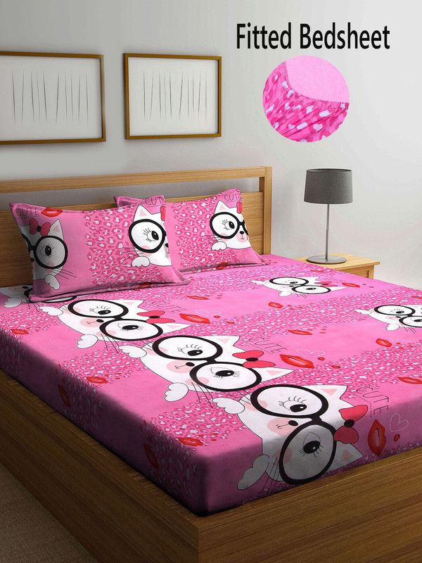 Fabinaliv 210 TC Polycotton King Cartoon Fitted (Elastic) Bedsheet  (Pack of 1, Pink)