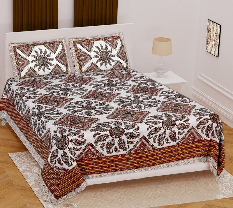 Satrim 220 TC Cotton Double Jaipuri Prints Flat Bedsheet  (Pack of 1, Brown)