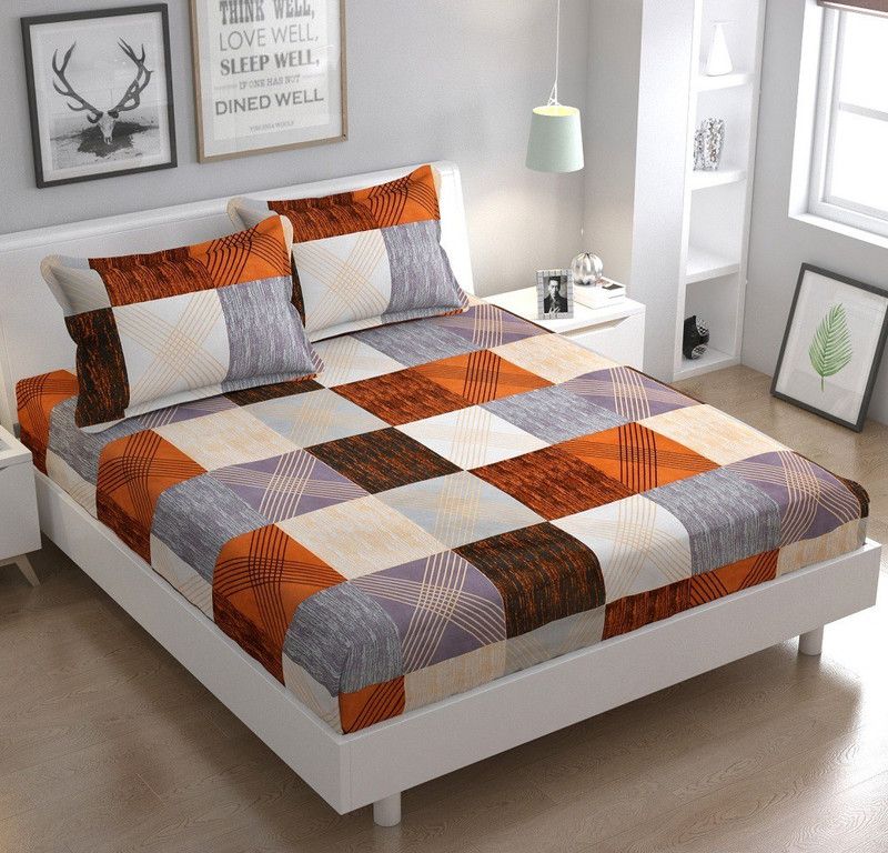 DECOR VATIKA 144 TC Microfiber Queen Printed Fitted (Elastic) Bedsheet  (Pack of 1, Brown)