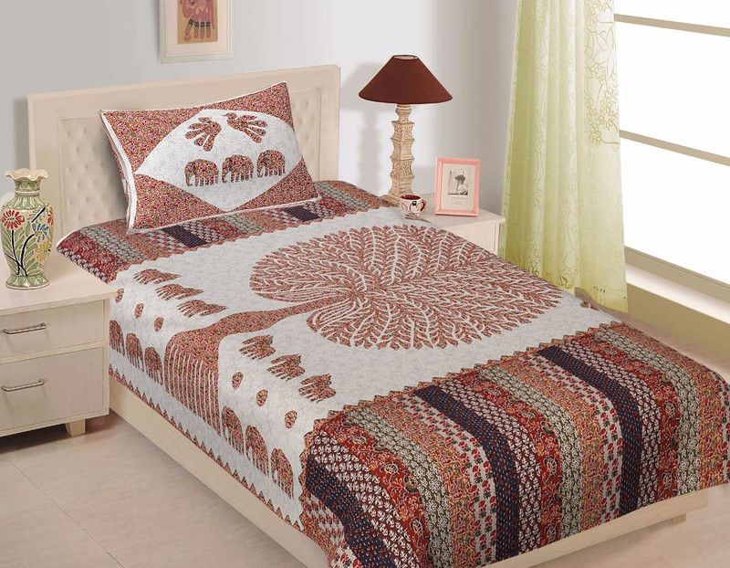 Sosha 130 TC Cotton Single Printed Flat Bedsheet  (Pack of 1, Brown, Red, White)