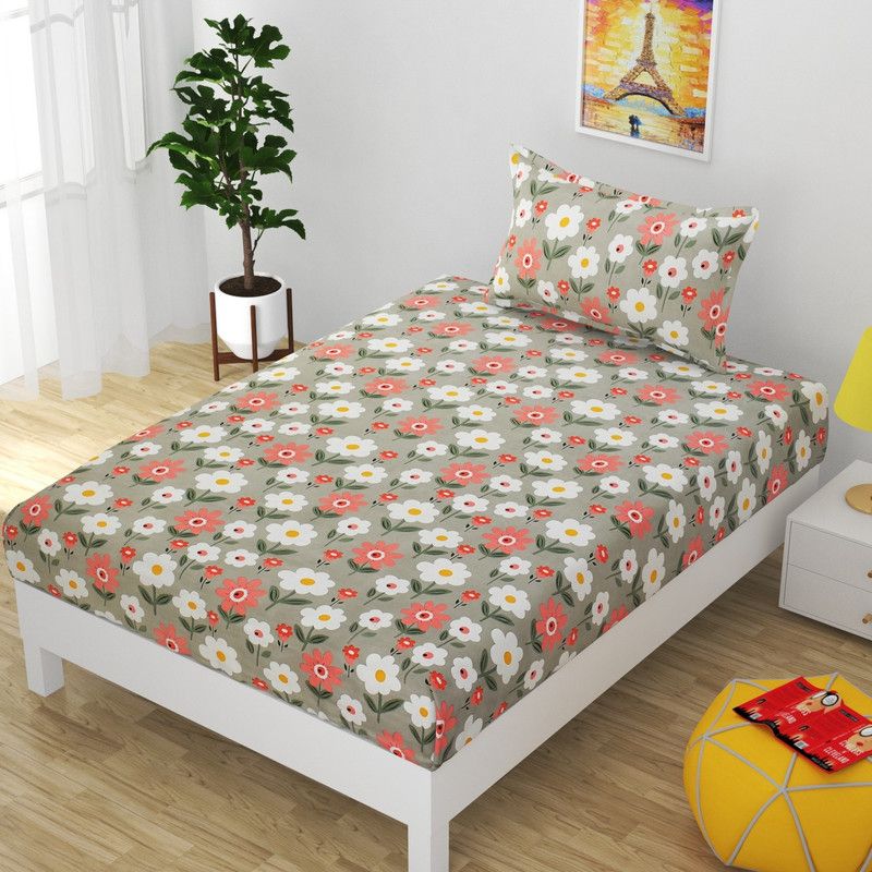 PRINCE HANDLOOM 180 TC Polycotton Single Abstract Flat Bedsheet  (Pack of 1, Grey-Pink)