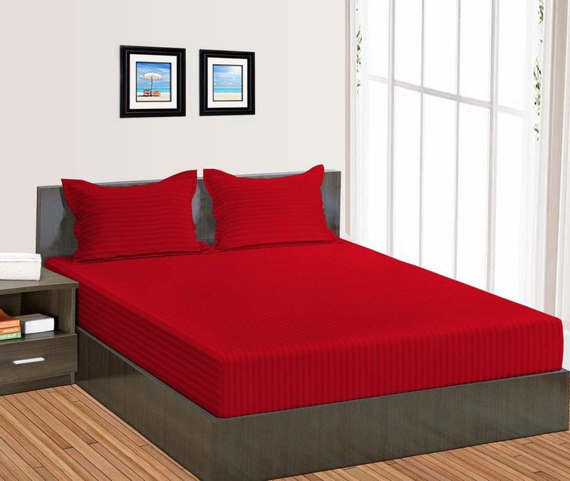 igi 200 TC Cotton Double Striped Flat Bedsheet  (Pack of 1, Red)