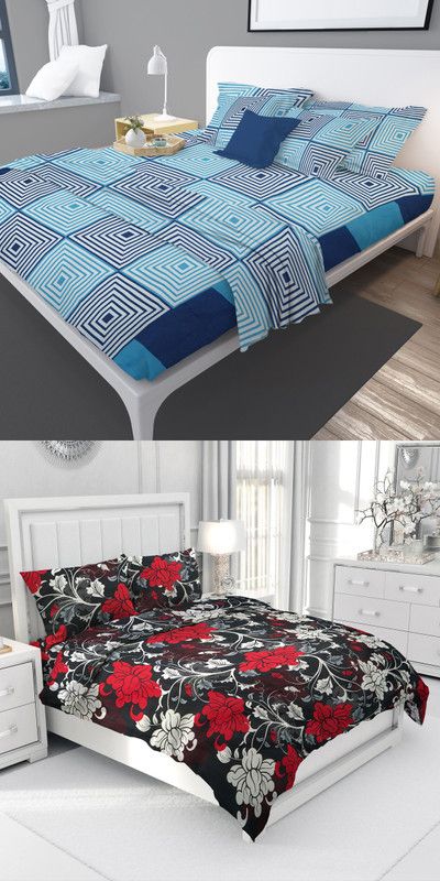 Raeffie 144 TC Cotton Double Floral Flat Bedsheet  (Pack of 2, Multicolor, Blue, Black)