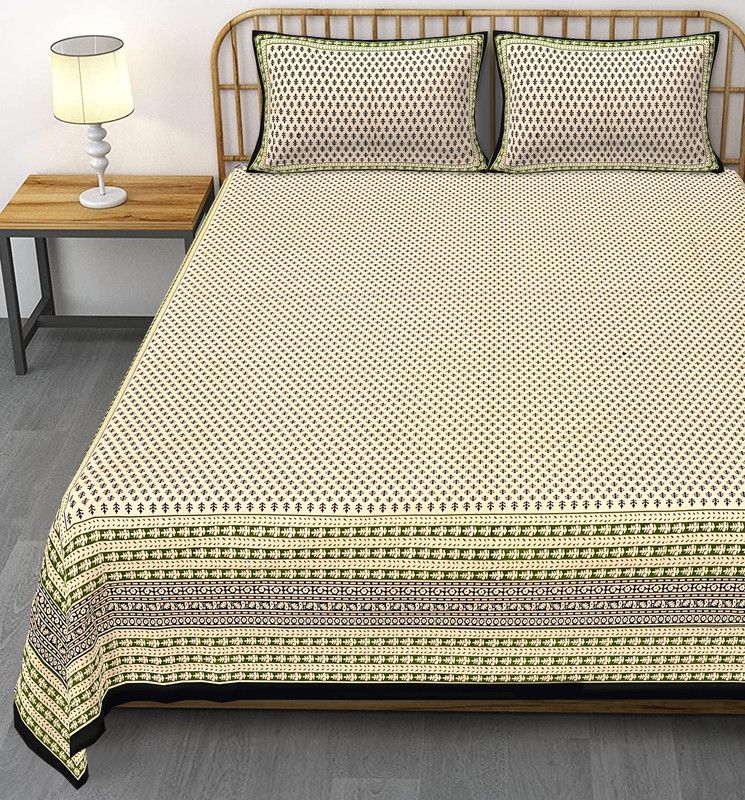 SILOUT TEX PRINTS 351 TC Cotton King, Double 3D Printed Flat Bedsheet  (Pack of 1, Black-Green)