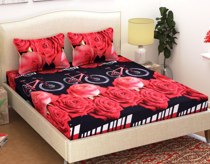 Handloomwala 180 TC Polycotton Double 3D Printed Flat Bedsheet  (Pack of 1, Red, Black)