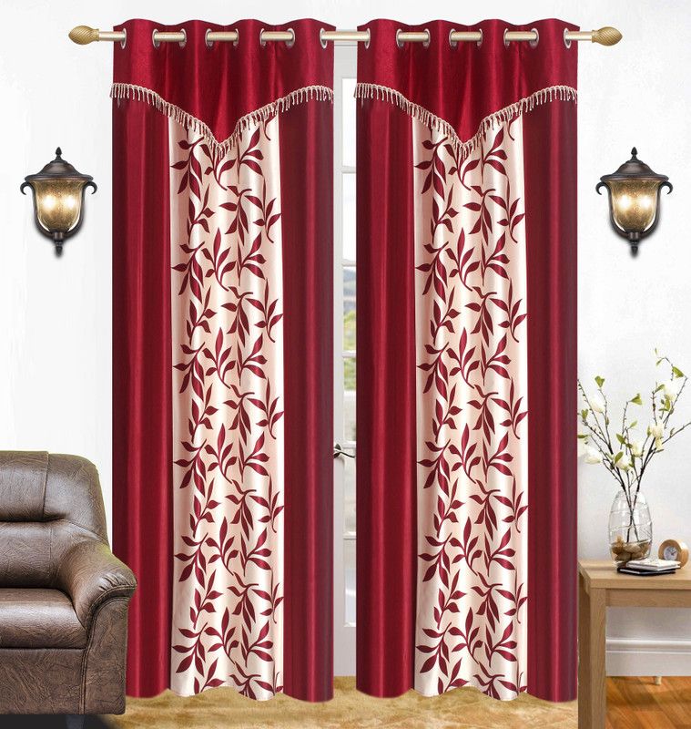 Flossy 214 cm (7 ft) Polyester Semi Transparent Door Curtain (Pack Of 2)  (Floral, Maroon)