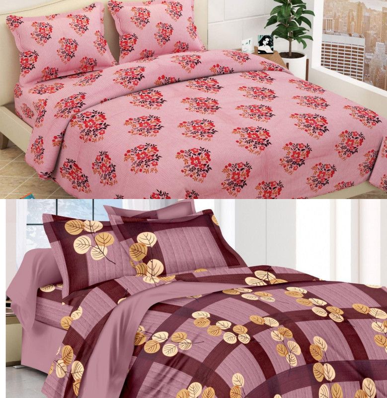 Soniasaa 185 TC Microfiber Double 3D Printed Flat Bedsheet  (Pack of 2, Pink:Maroon)
