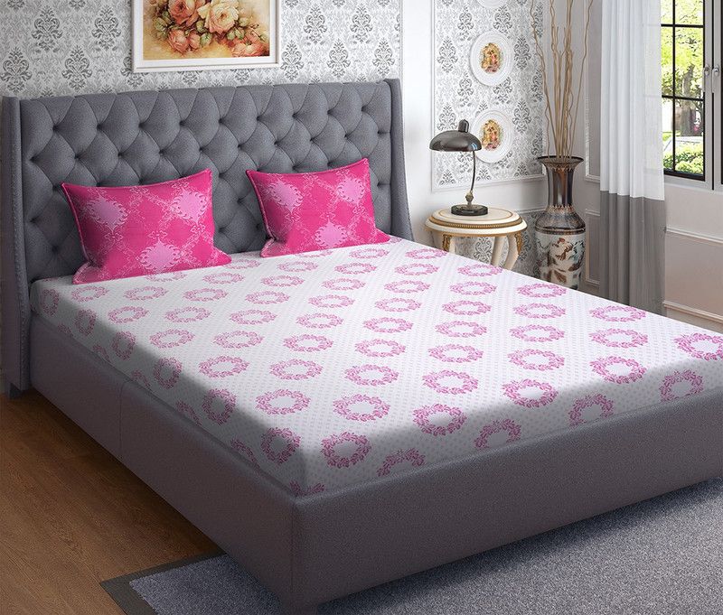 CORE Designed by SPACES 144 TC Cotton Queen Abstract Fitted (Elastic) Bedsheet  (Pack of 1, Pink)