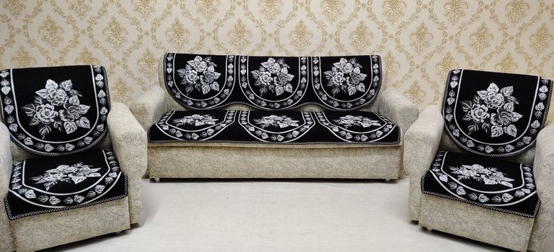 MHF Polycotton Floral Sofa Cover  (Black::White Pack of 6)