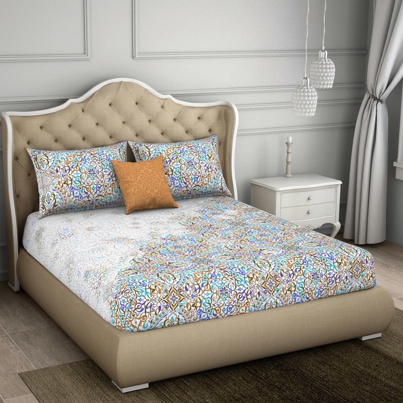 SPACES 300 TC Cotton King Abstract Flat Bedsheet  (Pack of 1, Almound)