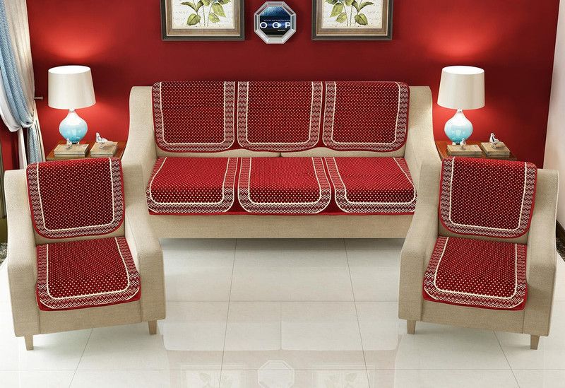 Yb Homes Velvet Geometric Sofa Cover  (Red Pack of 6)