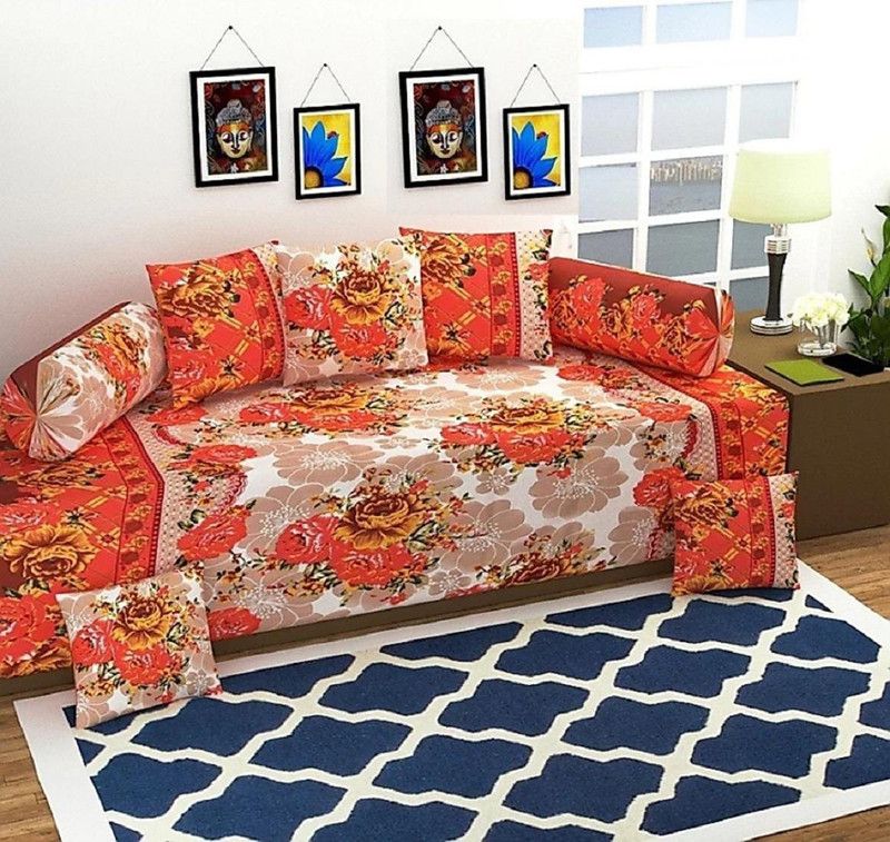 hargunz Polycotton Floral Diwan Set  (Orange)