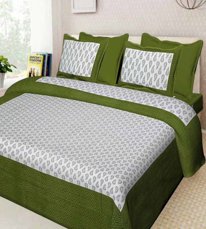 VIJEY TRADER 230 TC Cotton Double Jaipuri Prints Flat Bedsheet  (Pack of 1, Green, White)