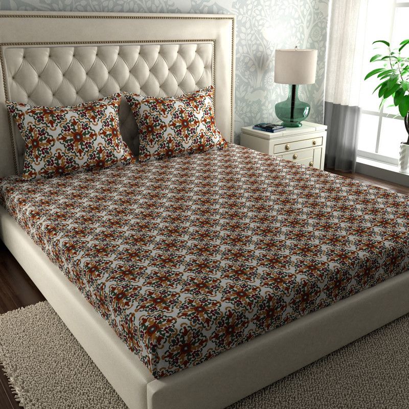 Maspar 144 TC Cotton Double Floral Flat Bedsheet  (Pack of 1, Orange)
