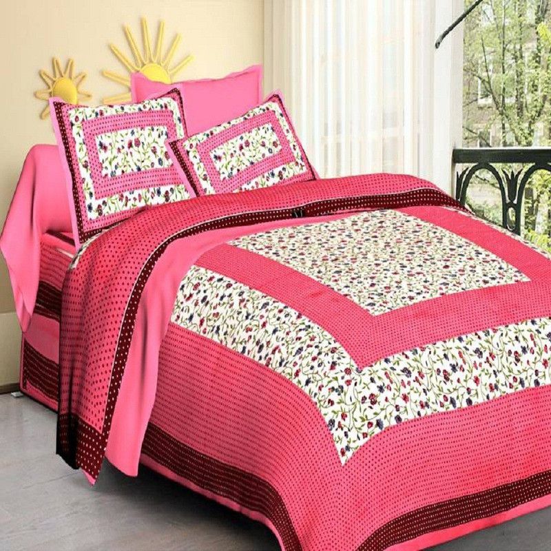 Home@shop 104 TC Cotton Double Printed Flat Bedsheet  (Pack of 1, Pink)