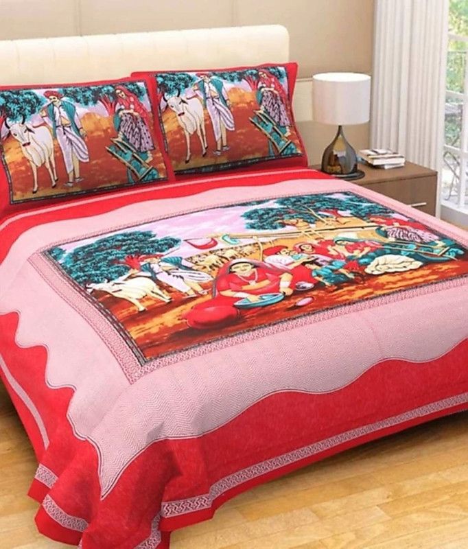 RAJDEVI JAIPUR PRINTS 228 TC Cotton King 3D Printed Flat Bedsheet  (Pack of 1, Red)