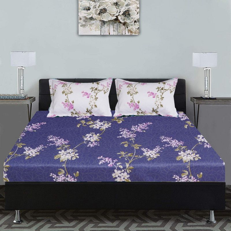 titlis 280 TC Polycotton King Floral Flat Bedsheet  (Pack of 1, Blue)