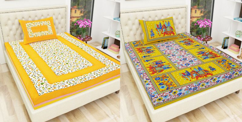 Indram 144 TC Cotton Single Printed Flat Bedsheet  (Pack of 2, Yellow)