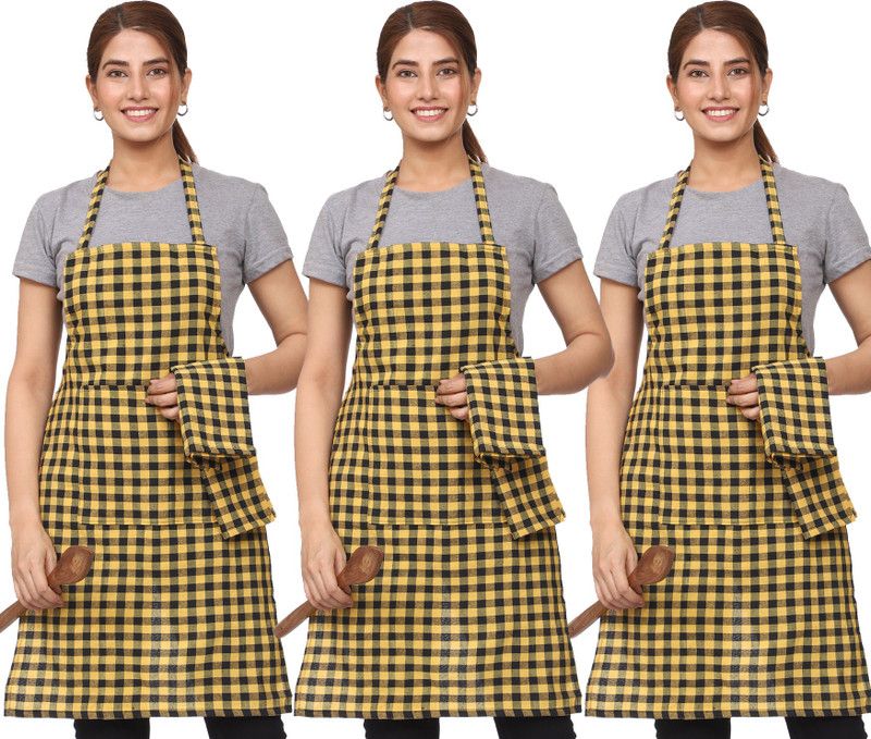 Cotton Chef's Apron - Free Size  (Yellow, Pack of 3)