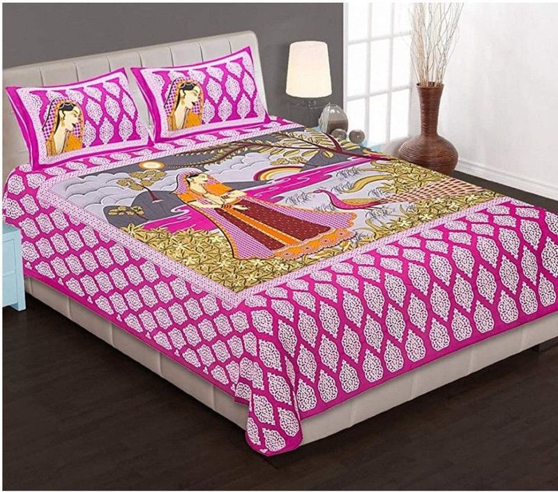 Sanganeri 85 TC Cotton Double Printed Flat Bedsheet  (Pack of 1, Pink)
