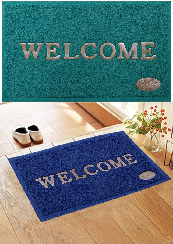 iSHKRA PVC (Polyvinyl Chloride) Door Mat  (Dark Green, Dark Blue, Medium, Pack of 2)
