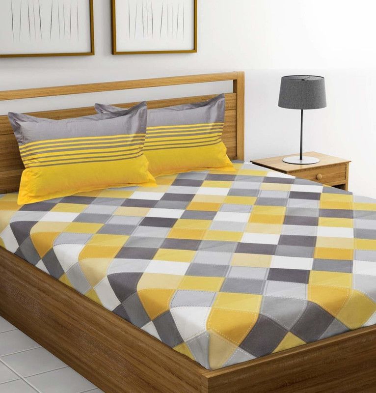 AAYU TRADER 104 TC Cotton Queen Printed Flat Bedsheet  (Pack of 1, Yellow)