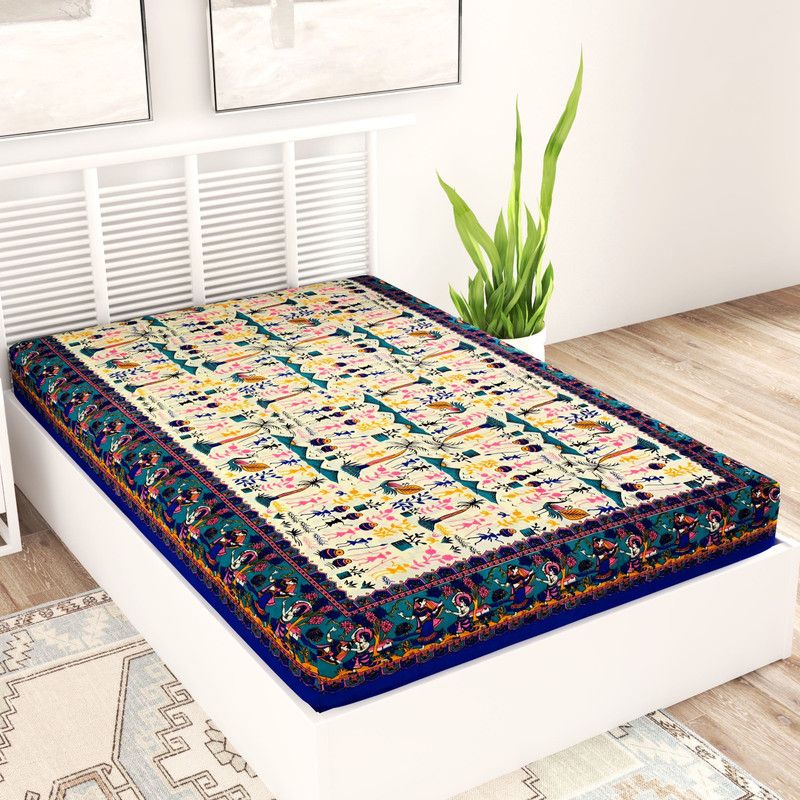 Rangun 120 TC Cotton Single Jaipuri Prints Flat Bedsheet  (Pack of 1, Blue)