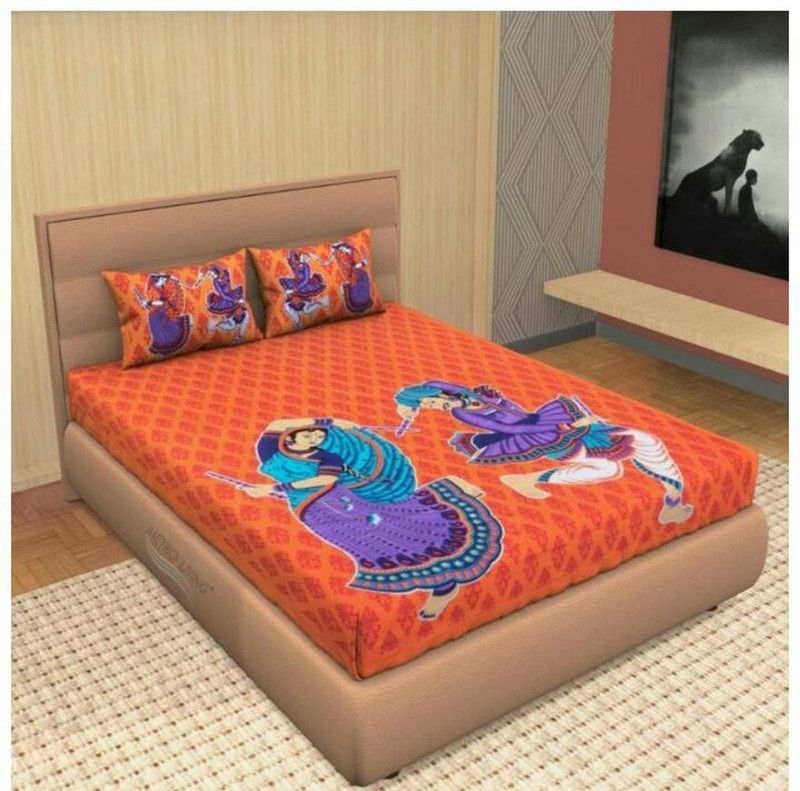 Twinkle Star's 240 TC Cotton Double Printed Fitted (Elastic) Bedsheet  (Pack of 1, Orange)