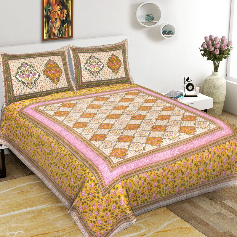 Sabhya Collection 144 TC Cotton Queen Jaipuri Prints Flat Bedsheet  (Pack of 1, Multicolor16)