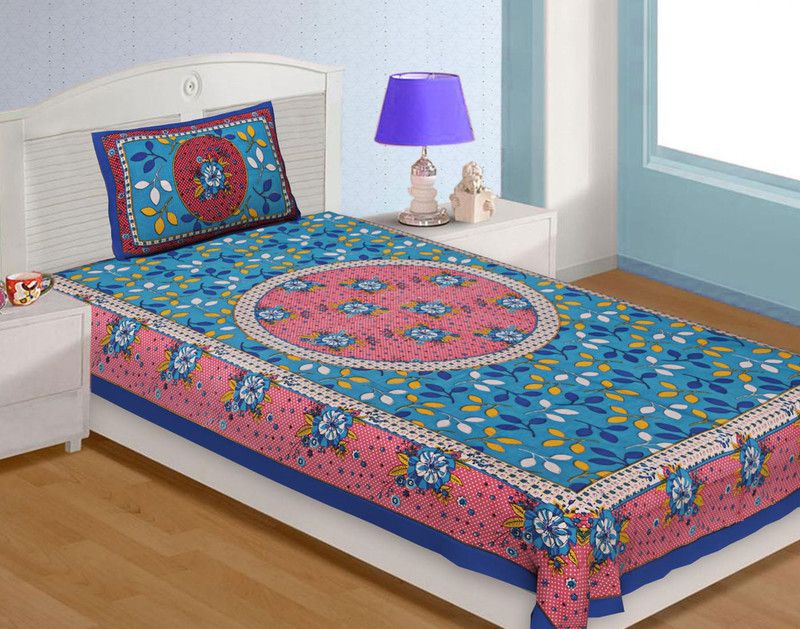 AJ Home 144 TC Cotton Single Printed Flat Bedsheet  (Pack of 1, Blue)