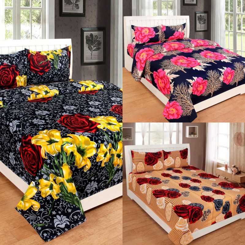 JUBILANT HOME FASHION 150 TC Polycotton Queen Floral Flat Bedsheet  (Pack of 3, Multicolor)