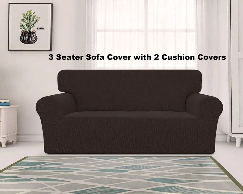 lukzer Polyester Geometric Sofa Cover  (3 Seater Sofa Cover with 2 Cushion Cover (Textured Brown) Pack of 1)