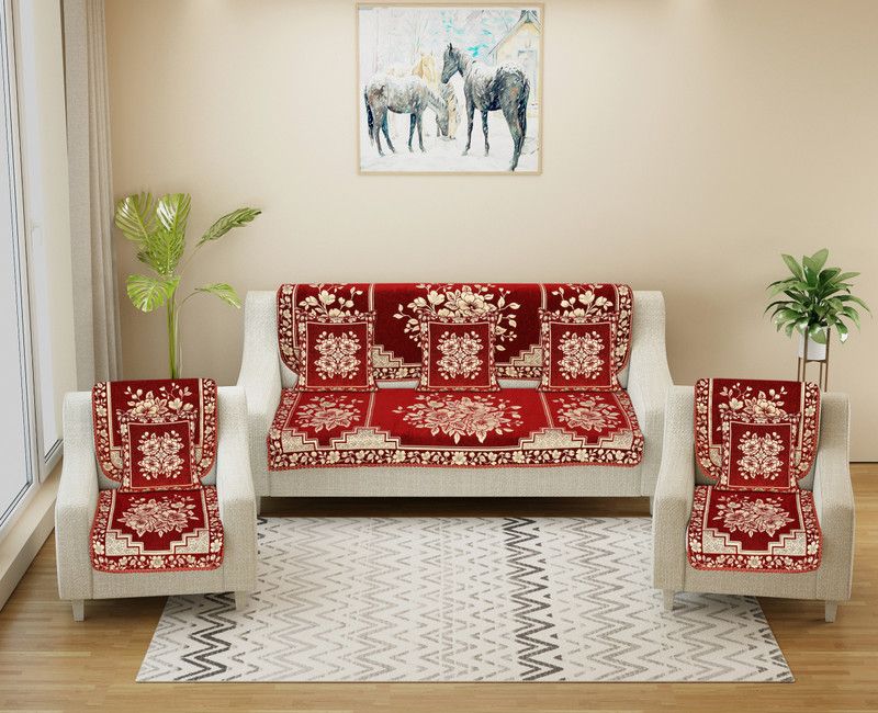 JAYVAAM Velvet, Jacquard, Chenille Floral Sofa Cover  (mehroon Pack of 11)