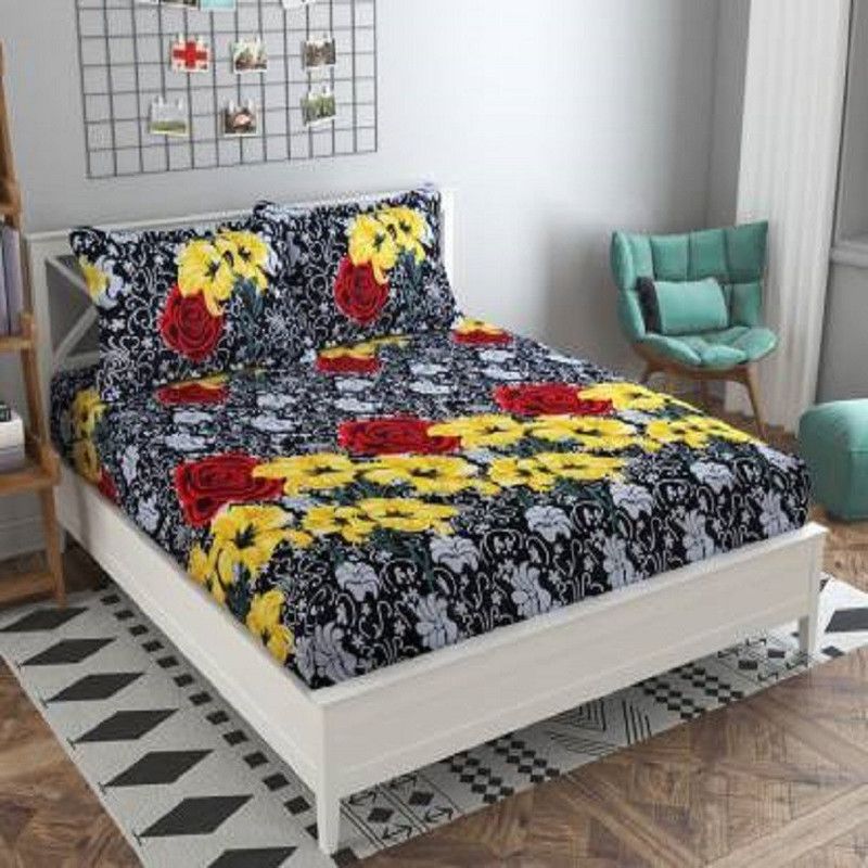 Decor Home 160 TC Polycotton Double Floral Flat Bedsheet  (Pack of 1, Black)