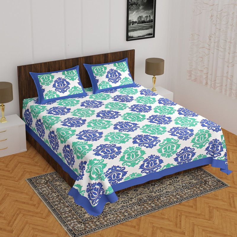 Home@shop 144 TC Cotton Double Printed Flat Bedsheet  (Pack of 1, Blue)