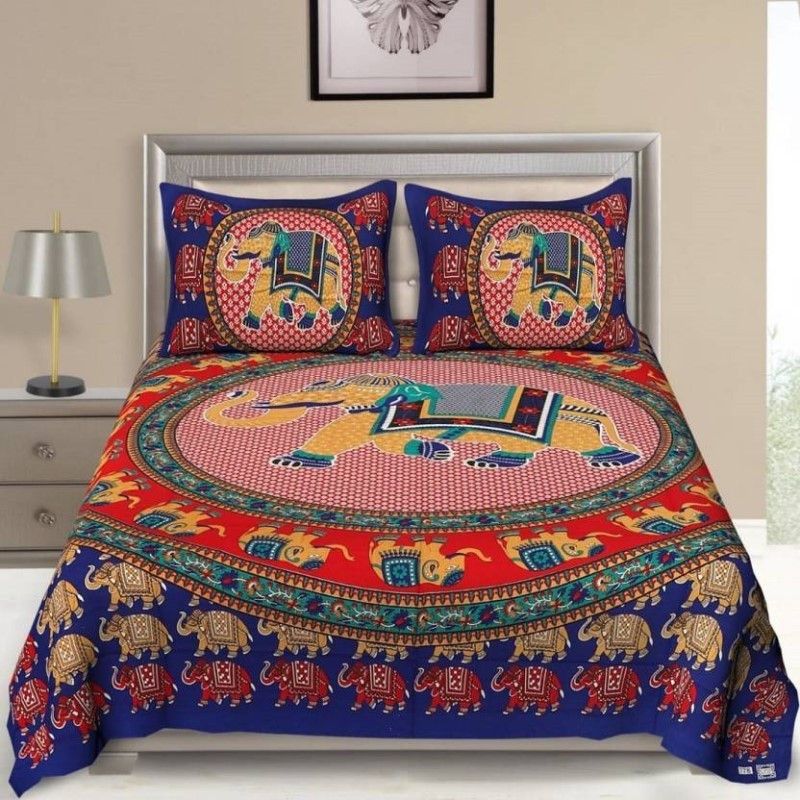 Fab Craft 104 TC Cotton Double Printed Flat Bedsheet  (Pack of 1, Blue)