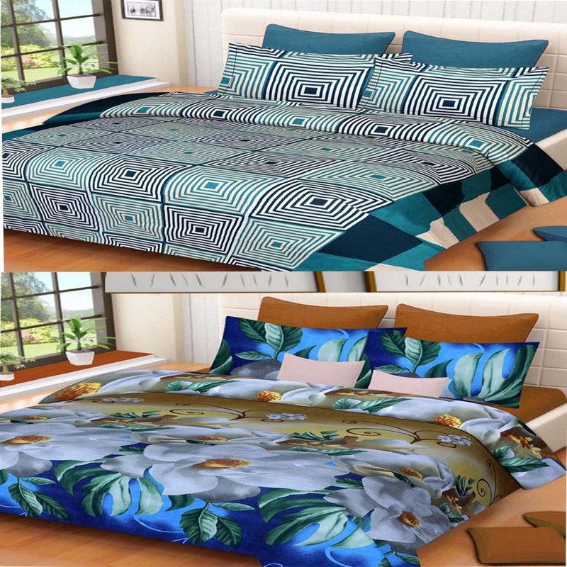 Twinkle Star's 140 TC Polyester Double Printed Flat Bedsheet  (Pack of 2, Blue)