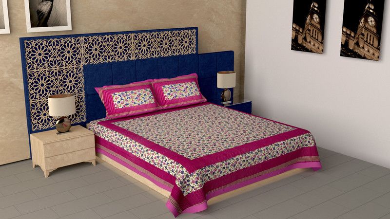 Vyom Crafts 140 TC Cotton Double Jaipuri Prints Flat Bedsheet  (Pack of 1, Pink)