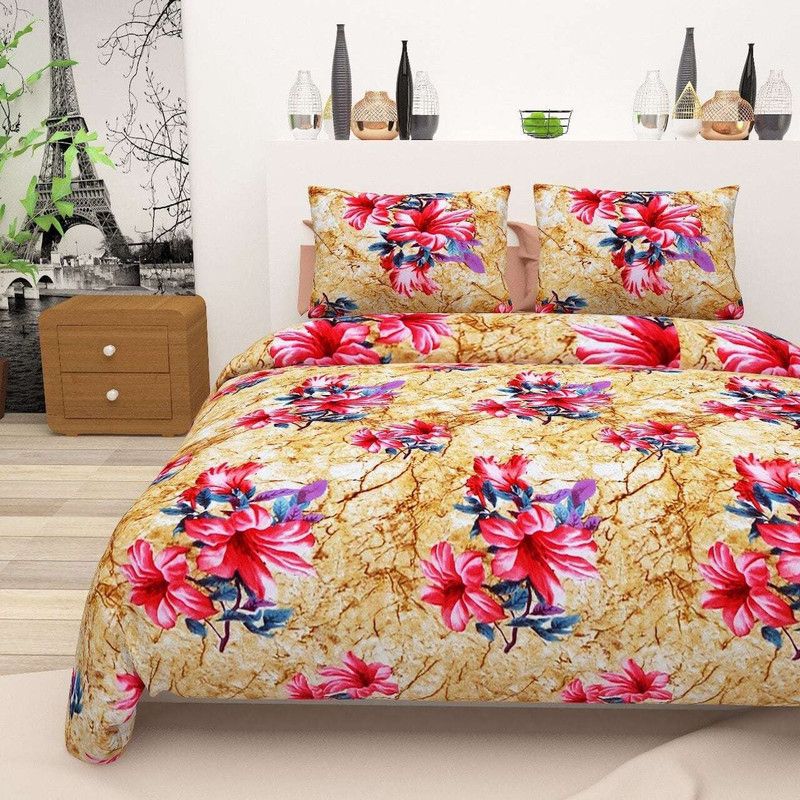 Skytex 150 TC Cotton Queen Floral Flat Bedsheet  (Pack of 1, Gold)