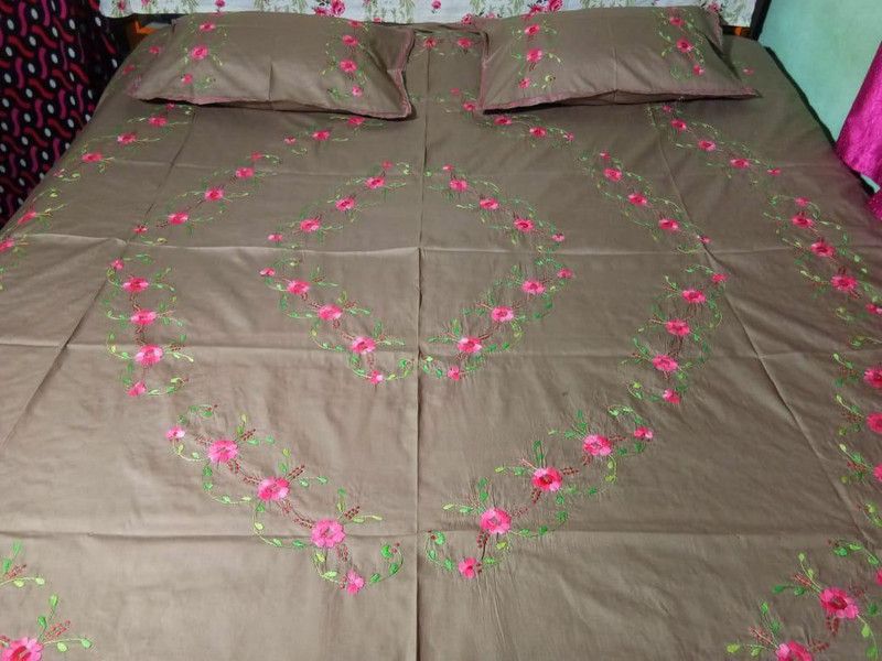 Gulkari 300 TC Cotton Double Embroidered Flat Bedsheet  (Pack of 1, LIGHT BROWN)