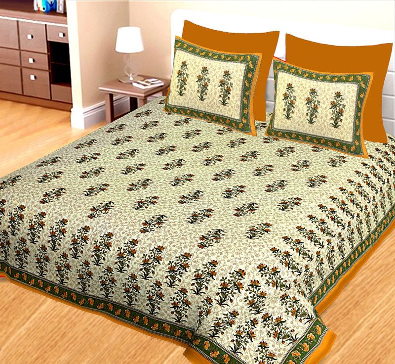 KANDY SHOP 300 TC Cotton King Floral Flat Bedsheet  (Pack of 1, Orange,Beige)