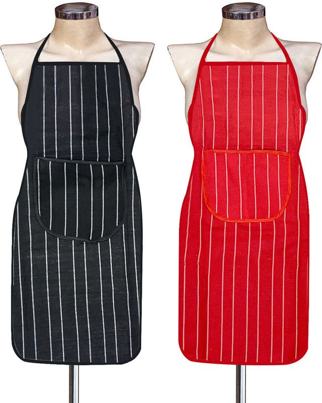 LooMantha Cotton Home Use Apron - Free Size  (Black, Red, Pack of 2)