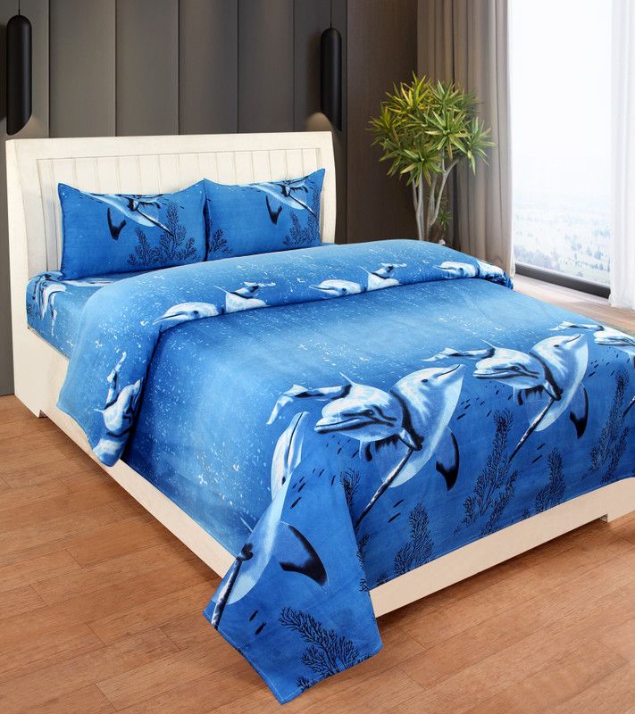 RISING STAR 104 TC Microfiber Double Floral Flat Bedsheet  (Pack of 1, Blue)