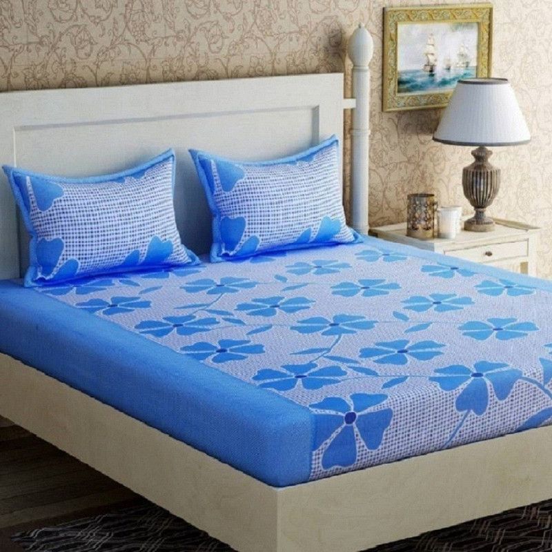 Home Garage 140 TC Microfiber Double 3D Printed Fitted & Flat Bedsheet  (Pack of 1, Blue)