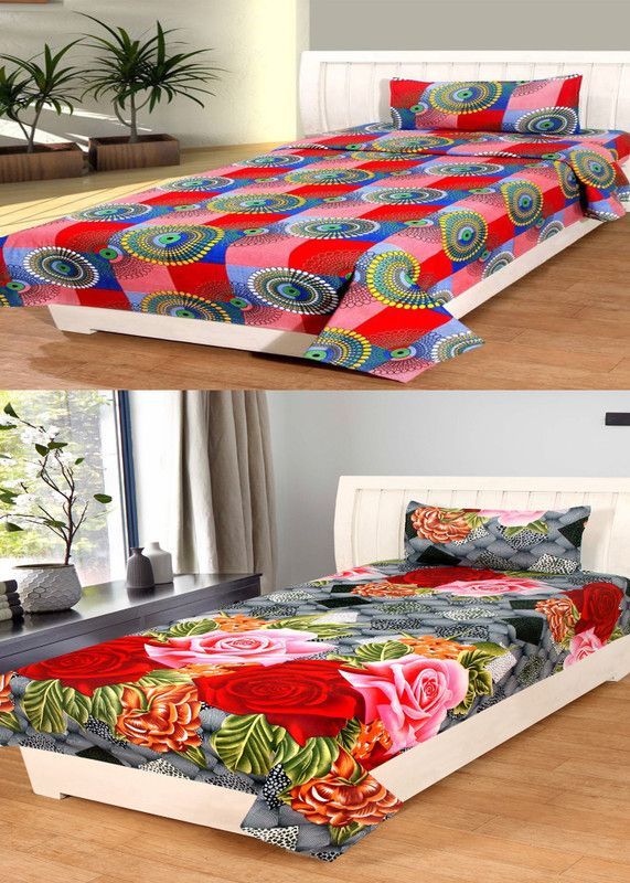 Bhagwati Handloom 185 TC Cotton Single Floral Flat Bedsheet  (Pack of 2, Red, Grey)