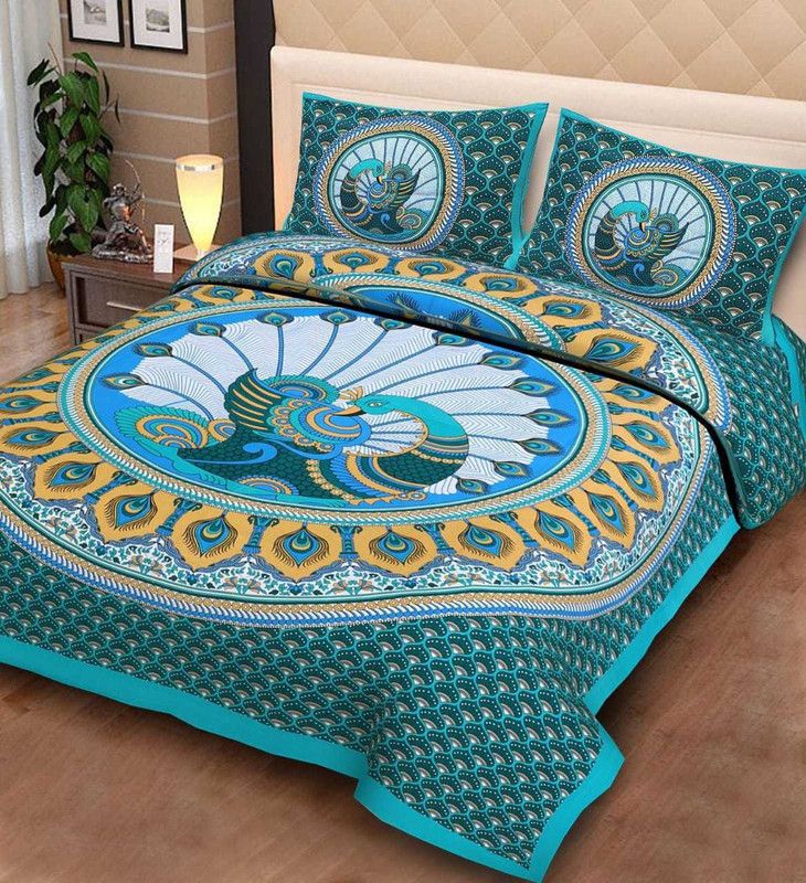 Nanki's 140 TC Cotton Double Printed Flat Bedsheet  (Pack of 1, Green)